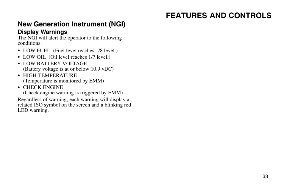 Features and controls, New generation instrument (ngi) | Polaris 2003 MSX User Manual | Page 35 / 114