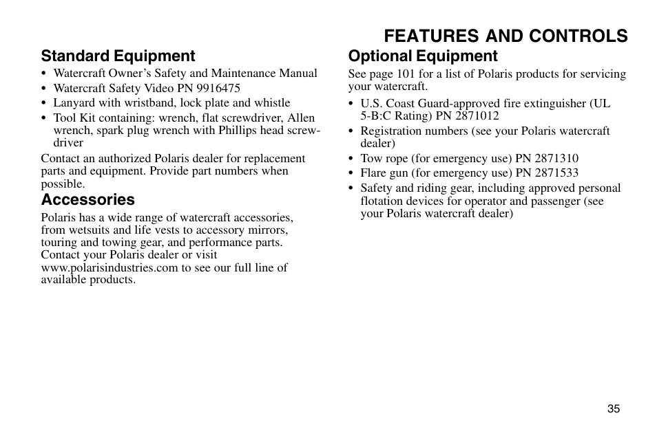 Features and controls, Standard equipment, Accessories | Optional equipment | Polaris 2003 MSX User Manual | Page 37 / 114