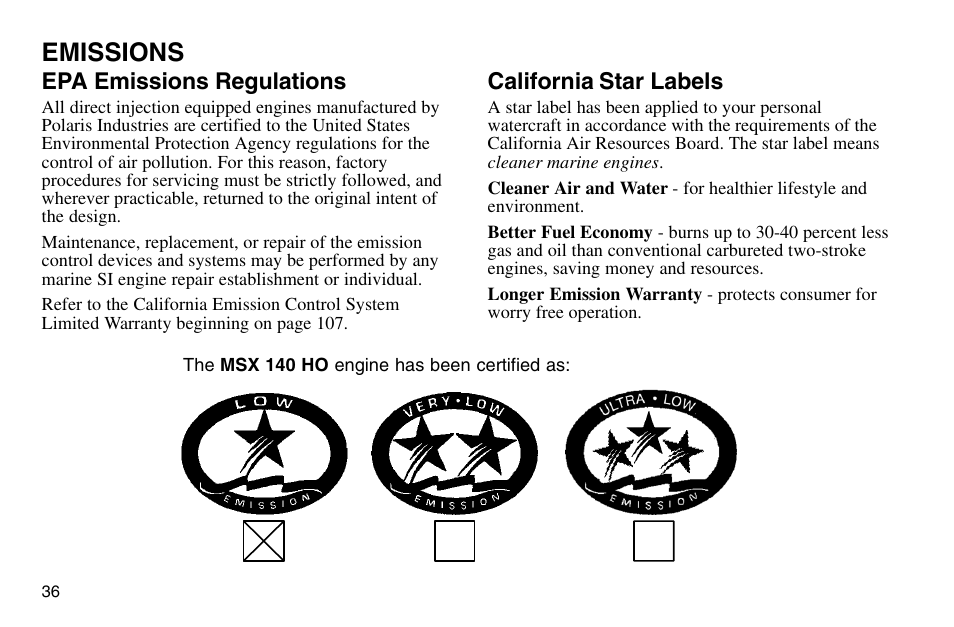 Emissions, Epa emissions regulations, California star labels | Polaris 2003 MSX User Manual | Page 38 / 114