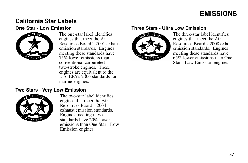 Emissions, California star labels | Polaris 2003 MSX User Manual | Page 39 / 114