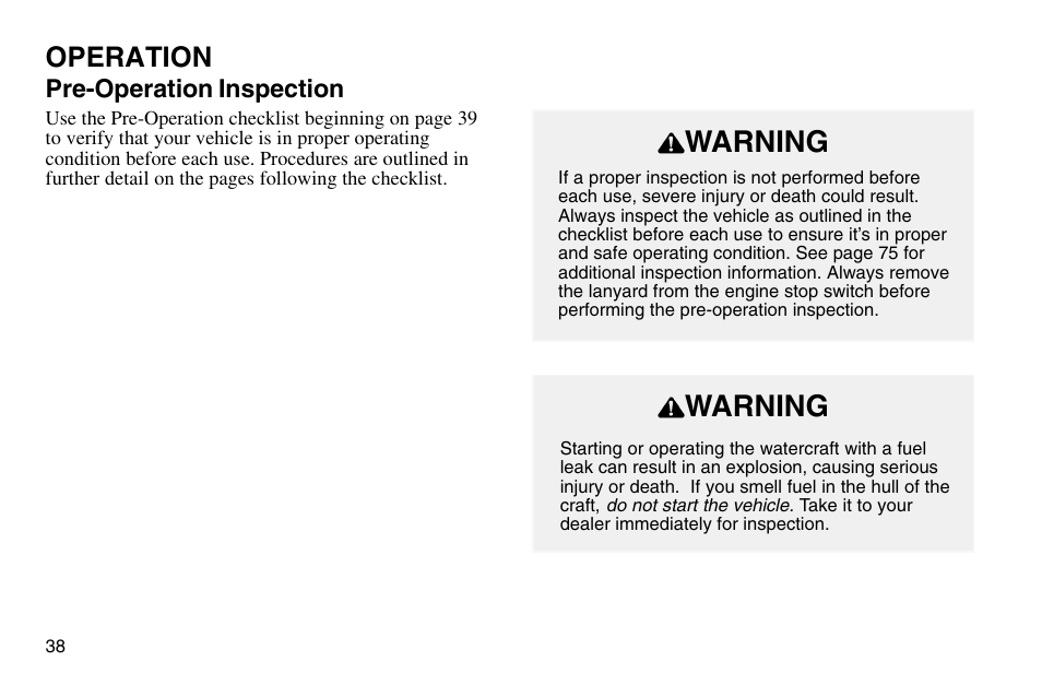 Warning, Operation | Polaris 2003 MSX User Manual | Page 40 / 114