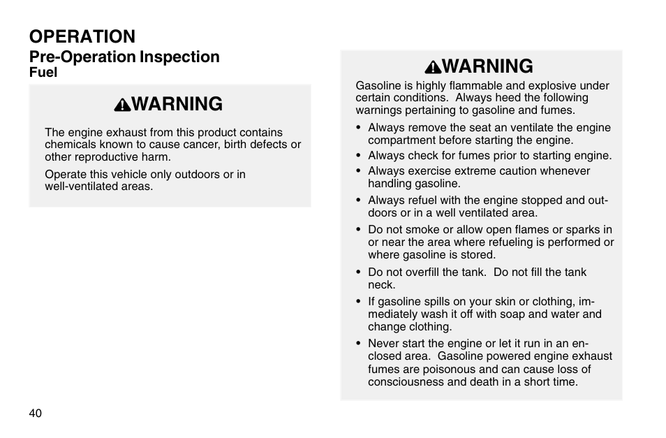 Warning, Operation, Pre-operation inspection | Polaris 2003 MSX User Manual | Page 42 / 114