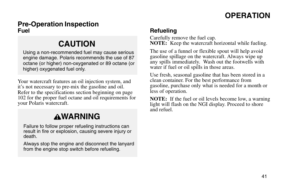 Caution, Warning, Operation | Polaris 2003 MSX User Manual | Page 43 / 114