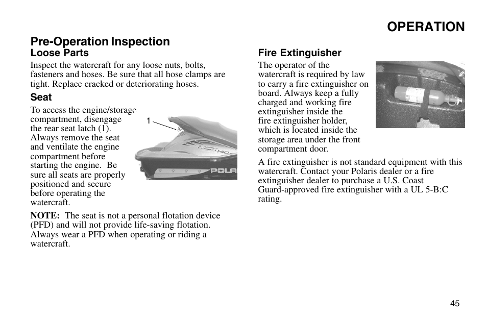 Operation, Pre-operation inspection | Polaris 2003 MSX User Manual | Page 47 / 114