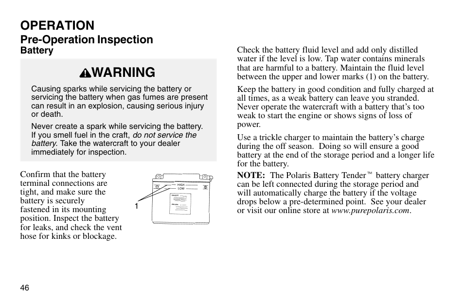 Warning, Operation, Pre-operation inspection | Polaris 2003 MSX User Manual | Page 48 / 114