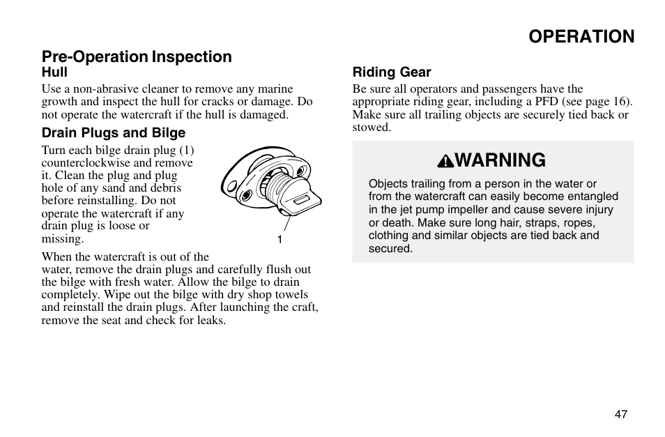 Warning, Operation | Polaris 2003 MSX User Manual | Page 49 / 114