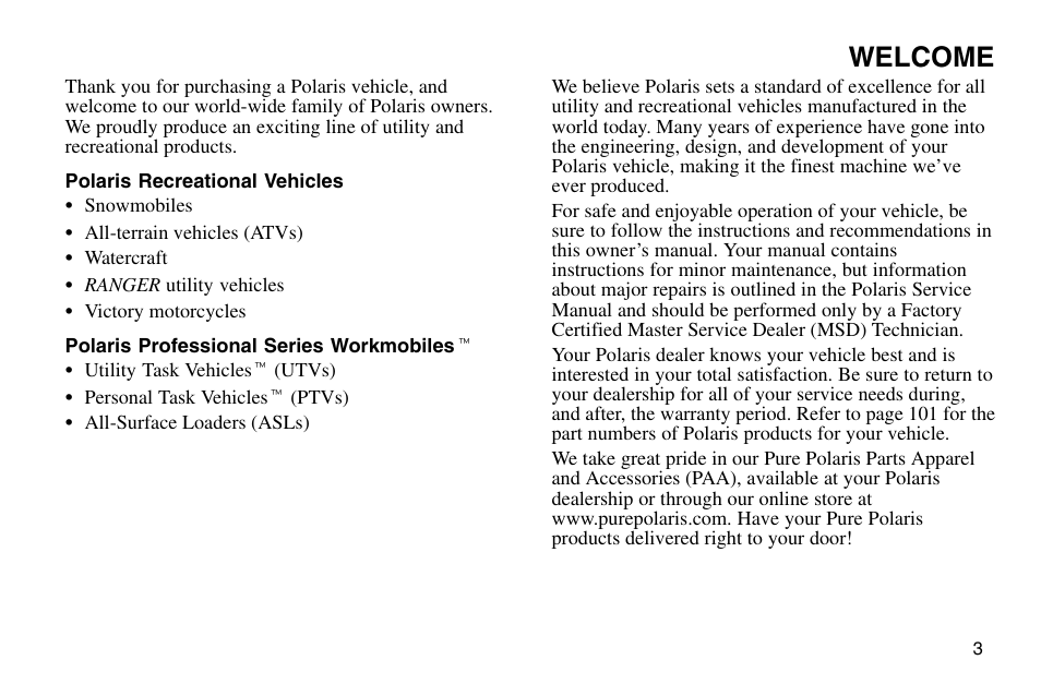 Welcome | Polaris 2003 MSX User Manual | Page 5 / 114