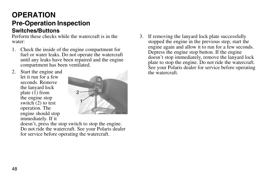 Operation, Pre-operation inspection | Polaris 2003 MSX User Manual | Page 50 / 114