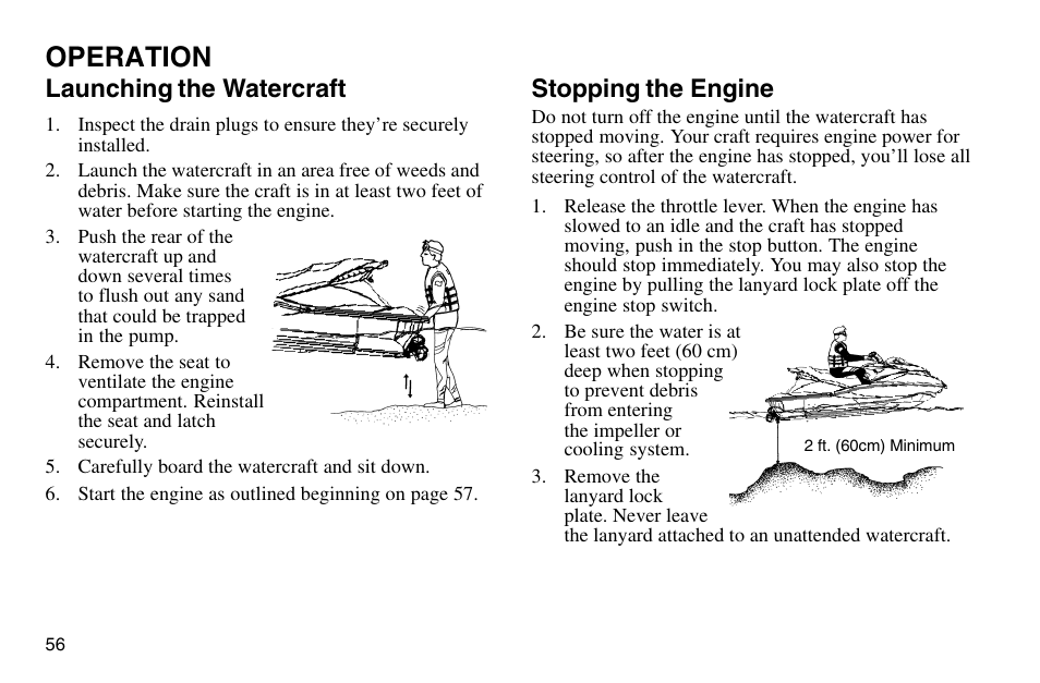 Operation, Launching the watercraft, Stopping the engine | Polaris 2003 MSX User Manual | Page 58 / 114