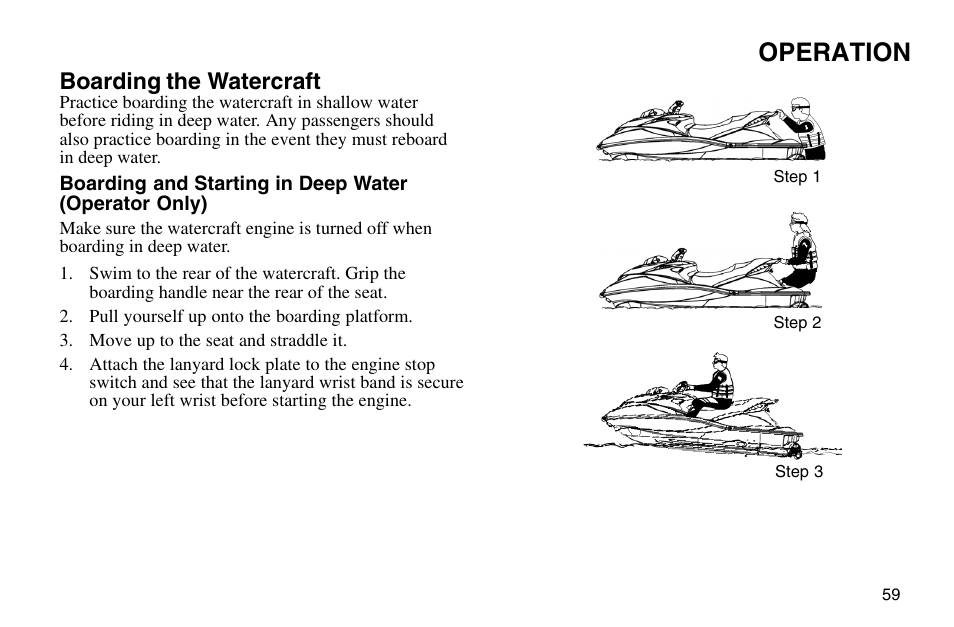 Operation, Boarding the watercraft | Polaris 2003 MSX User Manual | Page 61 / 114