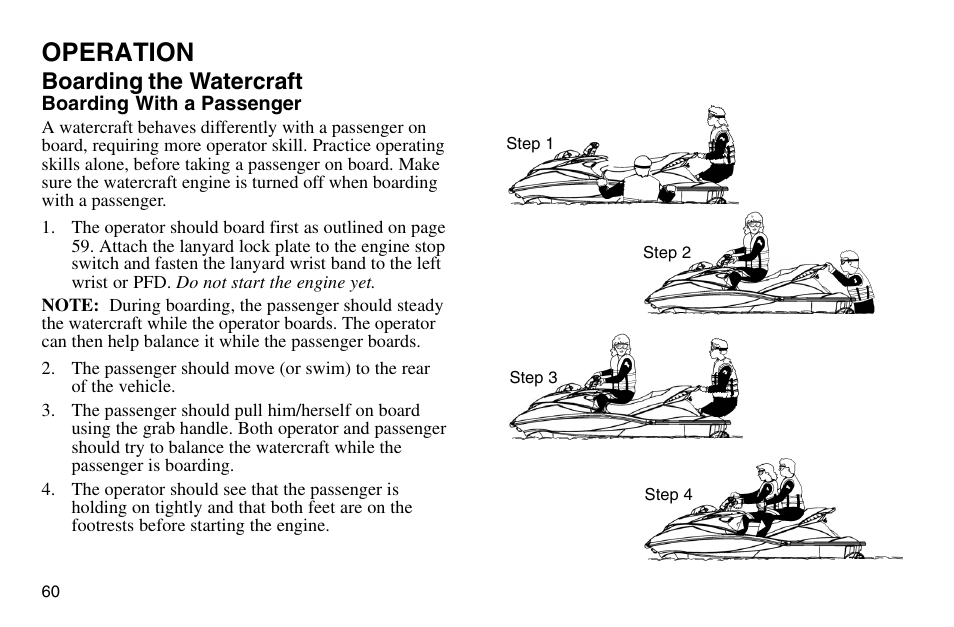 Operation, Boarding the watercraft | Polaris 2003 MSX User Manual | Page 62 / 114