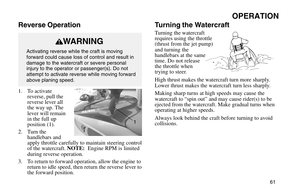 Warning, Operation, Reverse operation | Turning the watercraft | Polaris 2003 MSX User Manual | Page 63 / 114