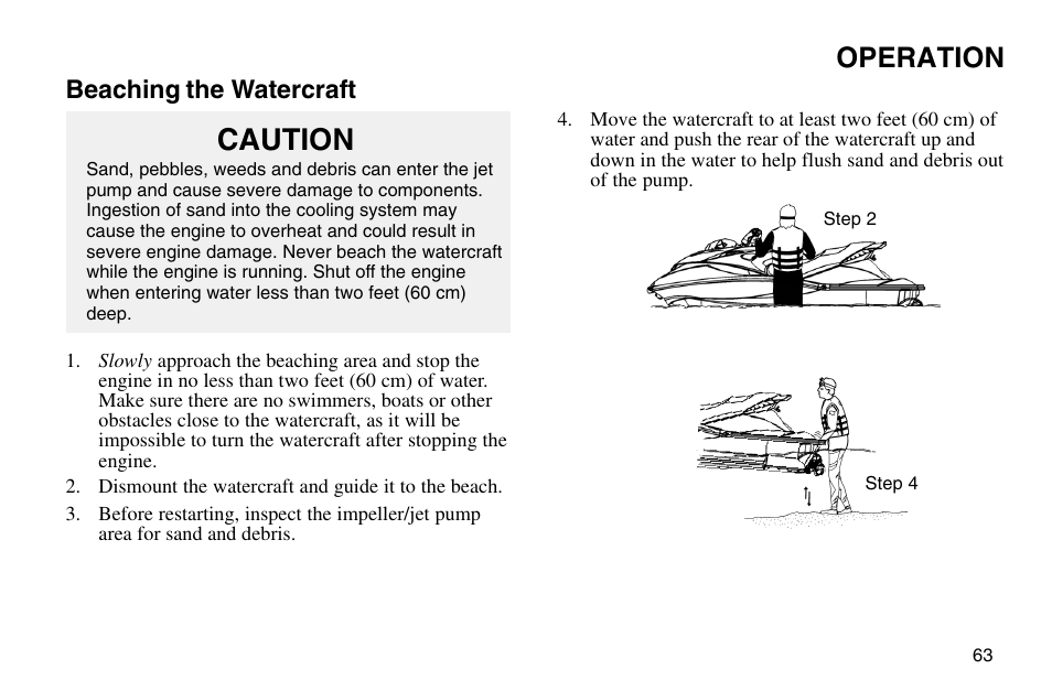 Caution, Operation, Beaching the watercraft | Polaris 2003 MSX User Manual | Page 65 / 114