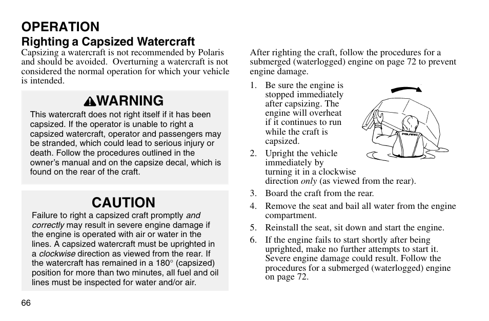 Warning, Caution, Operation | Righting a capsized watercraft | Polaris 2003 MSX User Manual | Page 68 / 114