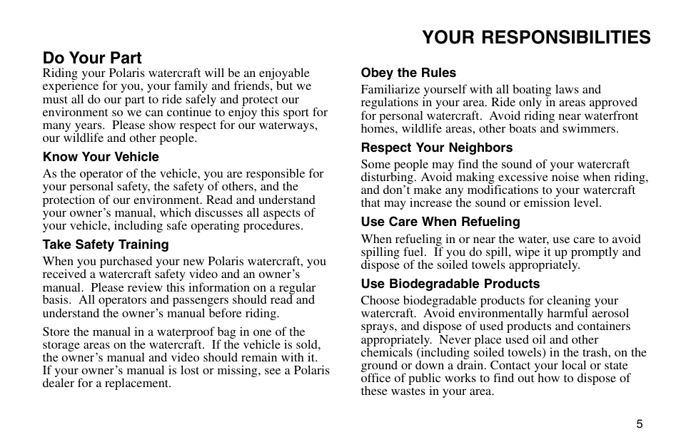 Your responsibilities, Do your part | Polaris 2003 MSX User Manual | Page 7 / 114