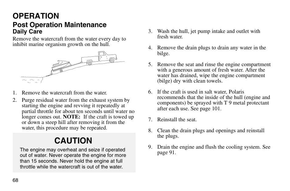 Caution, Operation, Post operation maintenance | Polaris 2003 MSX User Manual | Page 70 / 114