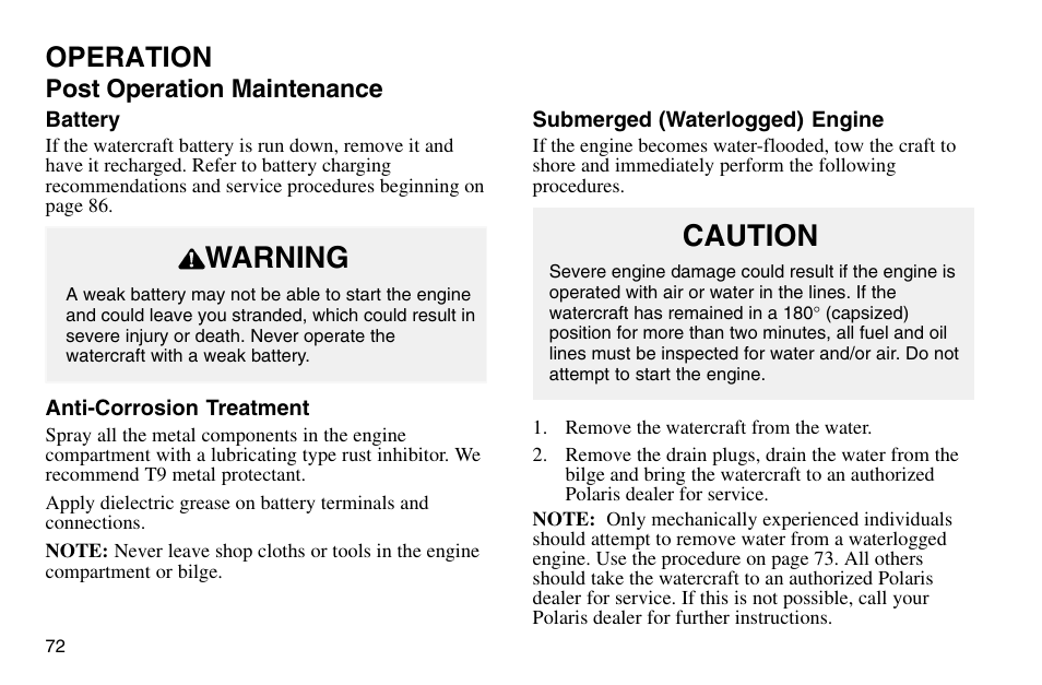 Warning, Caution, Operation | Polaris 2003 MSX User Manual | Page 74 / 114