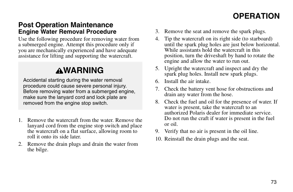 Warning, Operation, Post operation maintenance | Polaris 2003 MSX User Manual | Page 75 / 114