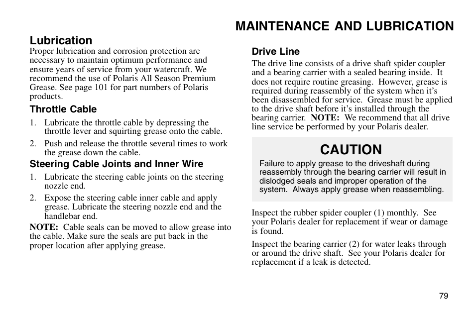 Caution, Maintenance and lubrication, Lubrication | Polaris 2003 MSX User Manual | Page 81 / 114