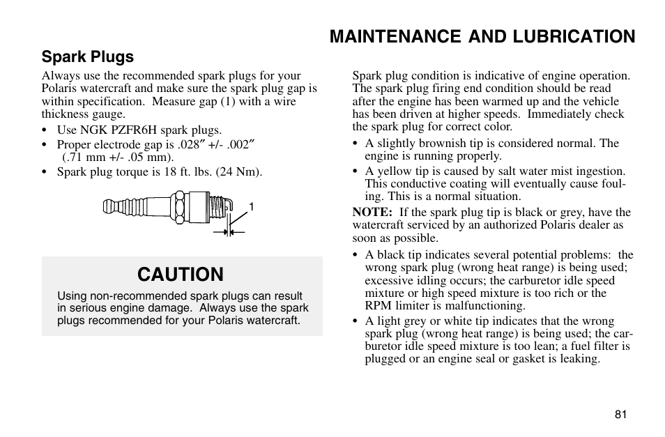 Caution, Maintenance and lubrication, Spark plugs | Polaris 2003 MSX User Manual | Page 83 / 114