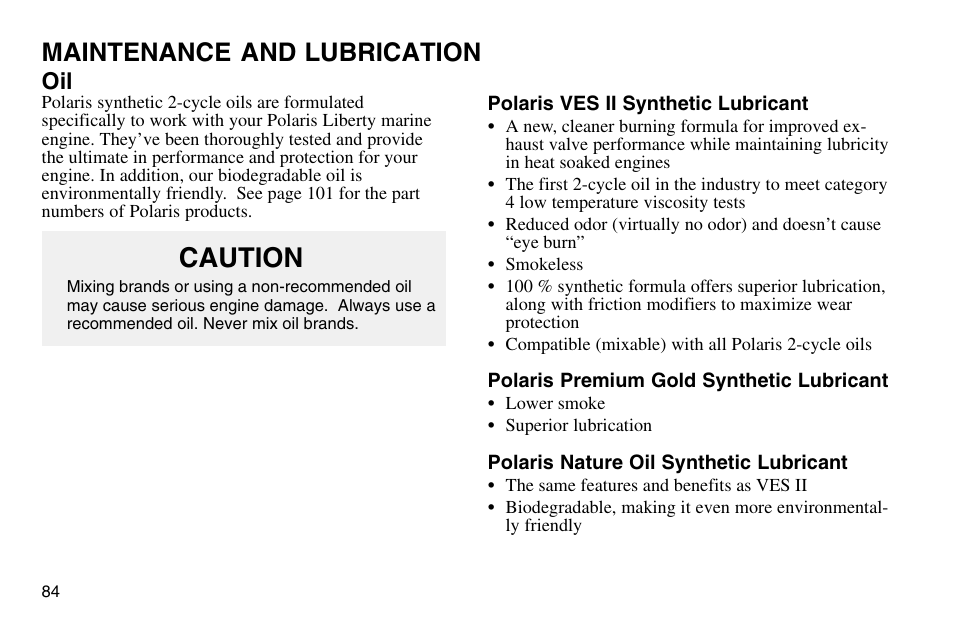 Caution, Maintenance and lubrication | Polaris 2003 MSX User Manual | Page 86 / 114