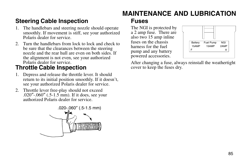 Maintenance and lubrication, Steering cable inspection, Throttle cable inspection | Fuses | Polaris 2003 MSX User Manual | Page 87 / 114