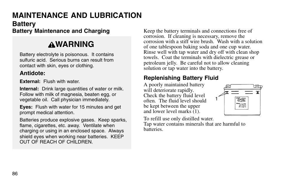 Warning, Maintenance and lubrication, Battery | Polaris 2003 MSX User Manual | Page 88 / 114