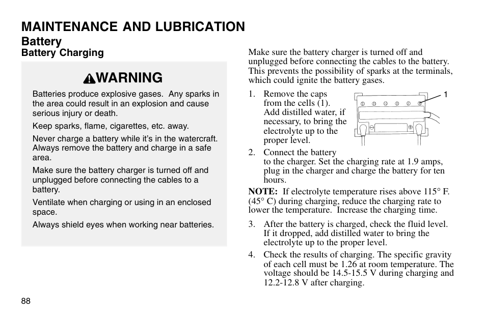 Warning, Maintenance and lubrication, Battery | Polaris 2003 MSX User Manual | Page 90 / 114