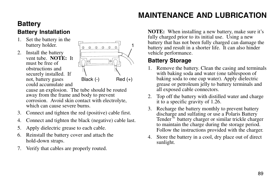 Maintenance and lubrication, Battery | Polaris 2003 MSX User Manual | Page 91 / 114