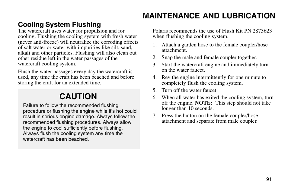 Caution, Maintenance and lubrication, Cooling system flushing | Polaris 2003 MSX User Manual | Page 93 / 114