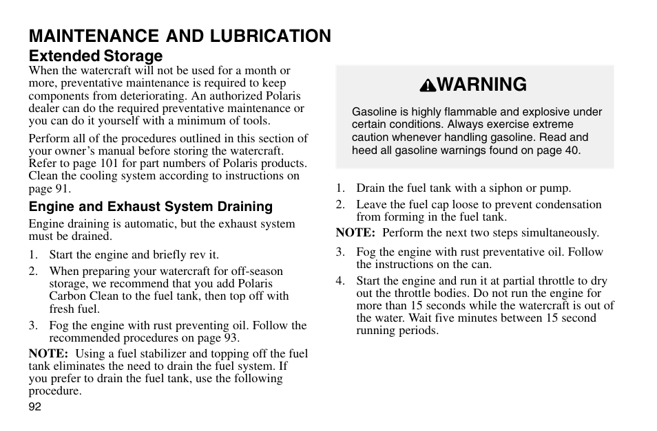 Warning, Maintenance and lubrication, Extended storage | Polaris 2003 MSX User Manual | Page 94 / 114