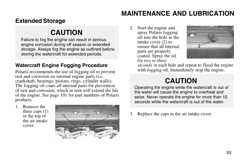 Caution, Maintenance and lubrication | Polaris 2003 MSX User Manual | Page 95 / 114