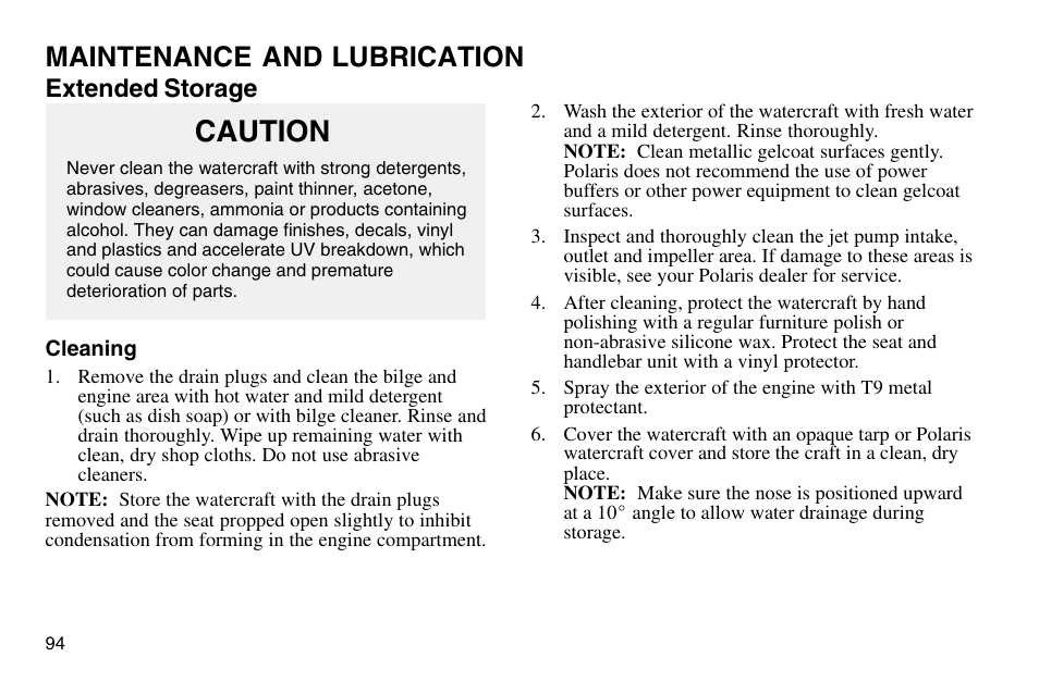 Caution, Maintenance and lubrication, Extended storage | Polaris 2003 MSX User Manual | Page 96 / 114