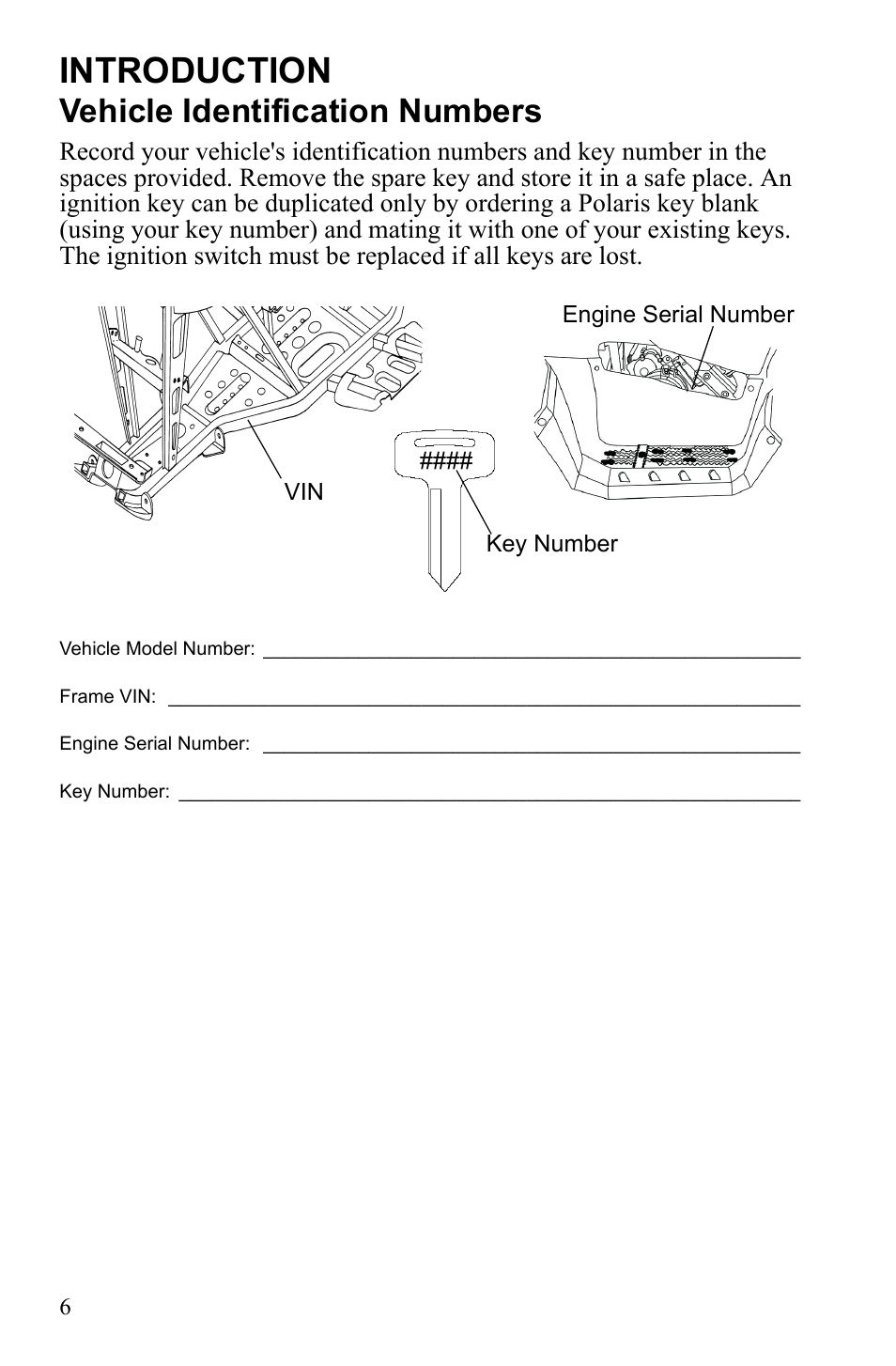 Introduction, Vehicle identification numbers | Polaris Sportsman 9922233 User Manual | Page 10 / 143