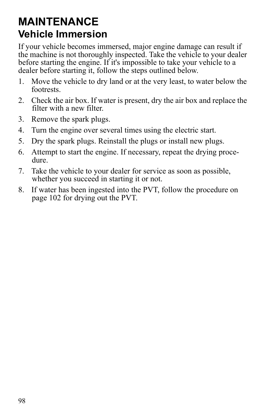 Maintenance, Vehicle immersion | Polaris Sportsman 9922233 User Manual | Page 102 / 143