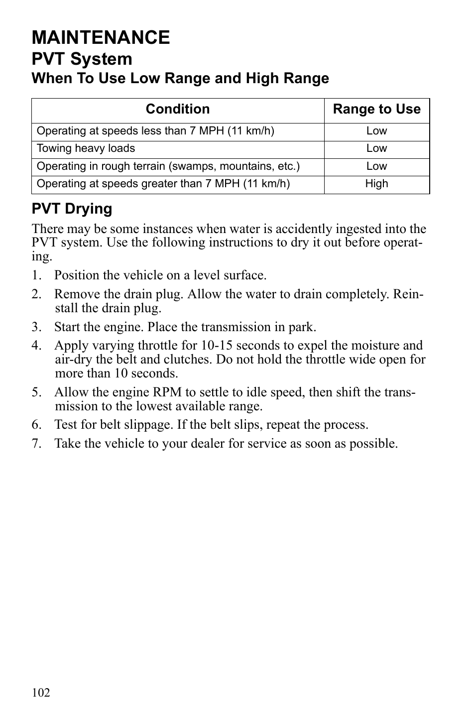 Maintenance, Pvt system, When to use low range and high range pvt drying | Polaris Sportsman 9922233 User Manual | Page 106 / 143