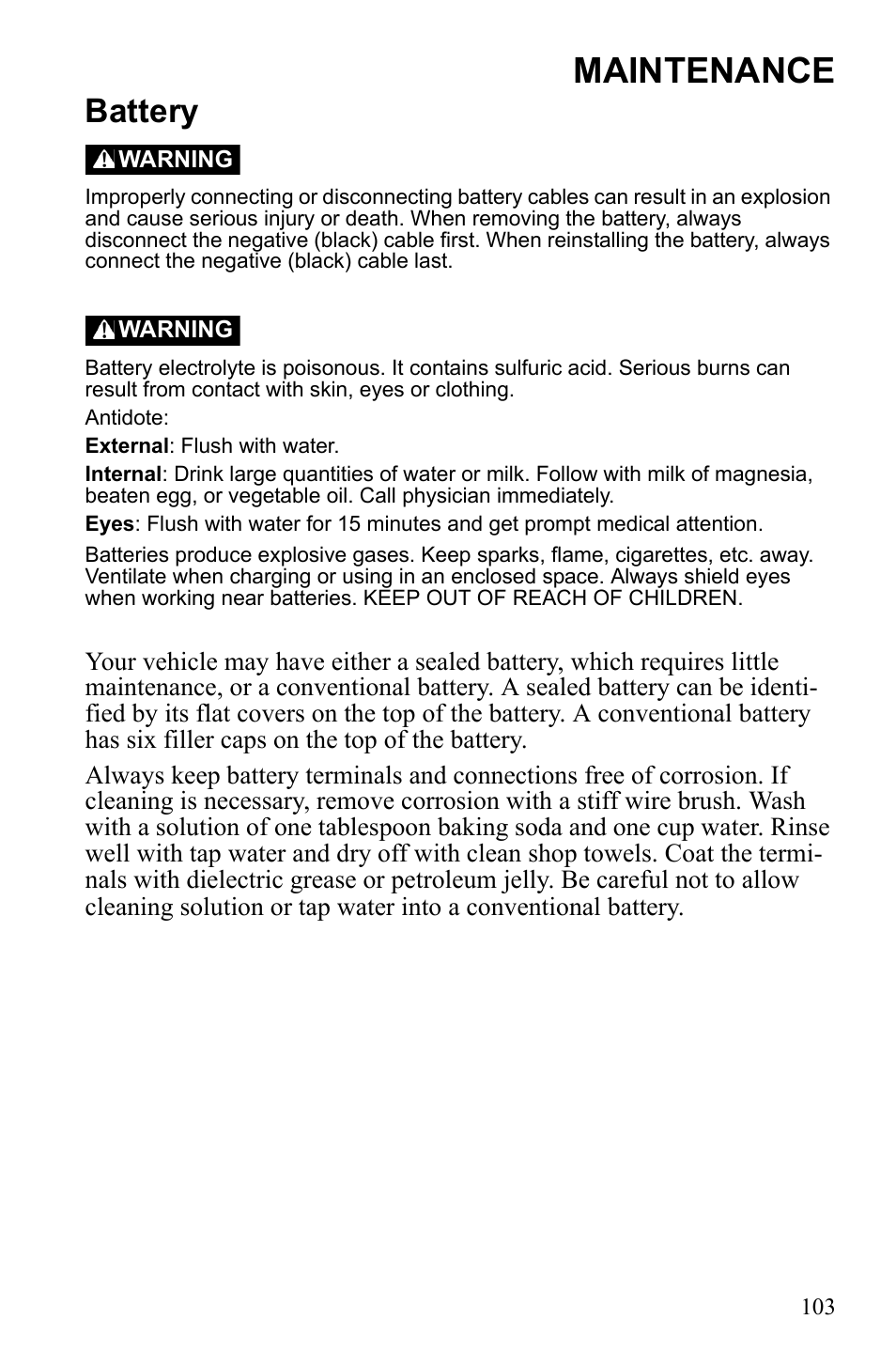 Maintenance, Battery | Polaris Sportsman 9922233 User Manual | Page 107 / 143