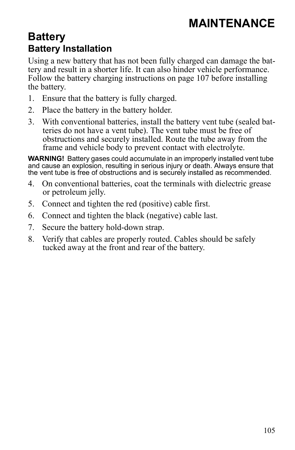 Maintenance, Battery | Polaris Sportsman 9922233 User Manual | Page 109 / 143