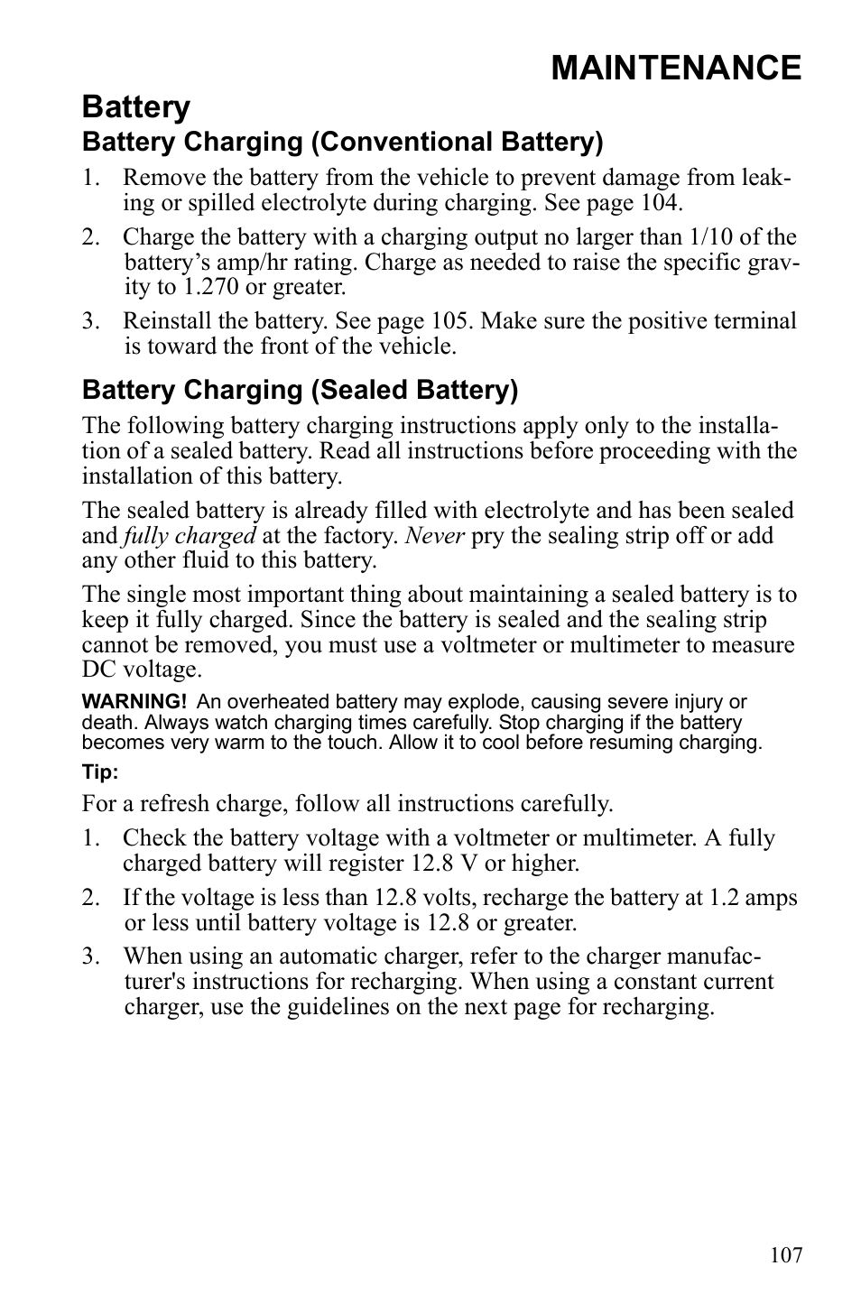 Maintenance, Battery | Polaris Sportsman 9922233 User Manual | Page 111 / 143