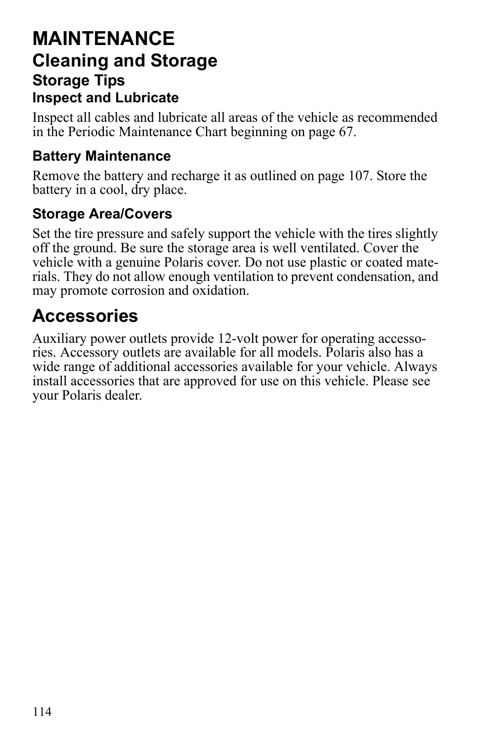 Maintenance, Cleaning and storage, Accessories | Polaris Sportsman 9922233 User Manual | Page 118 / 143