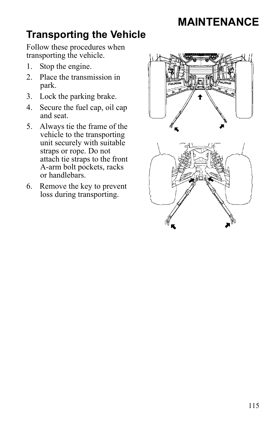 Maintenance, Transporting the vehicle | Polaris Sportsman 9922233 User Manual | Page 119 / 143