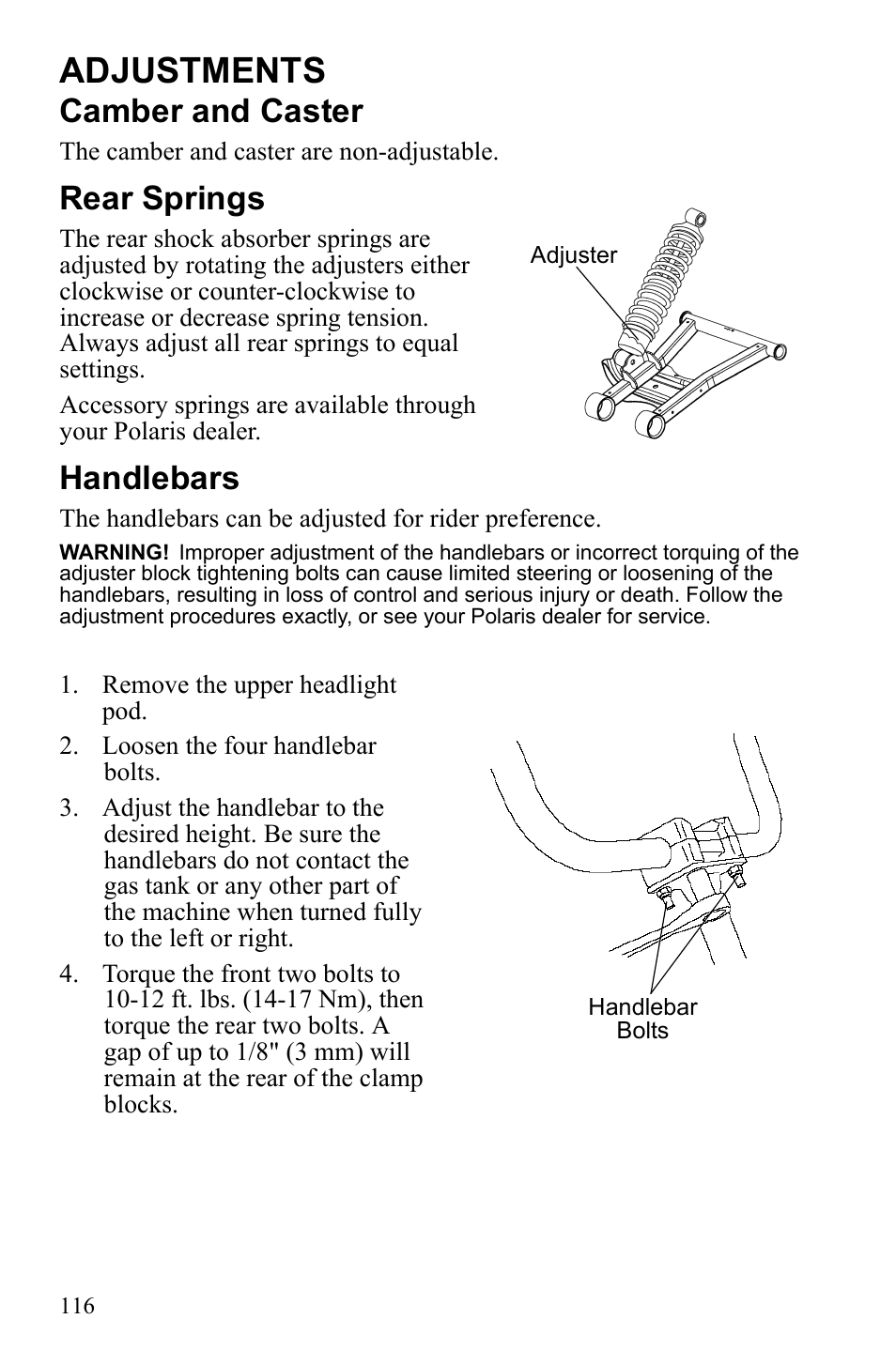 Adjustments, Camber and caster, Rear springs | Handlebars | Polaris Sportsman 9922233 User Manual | Page 120 / 143