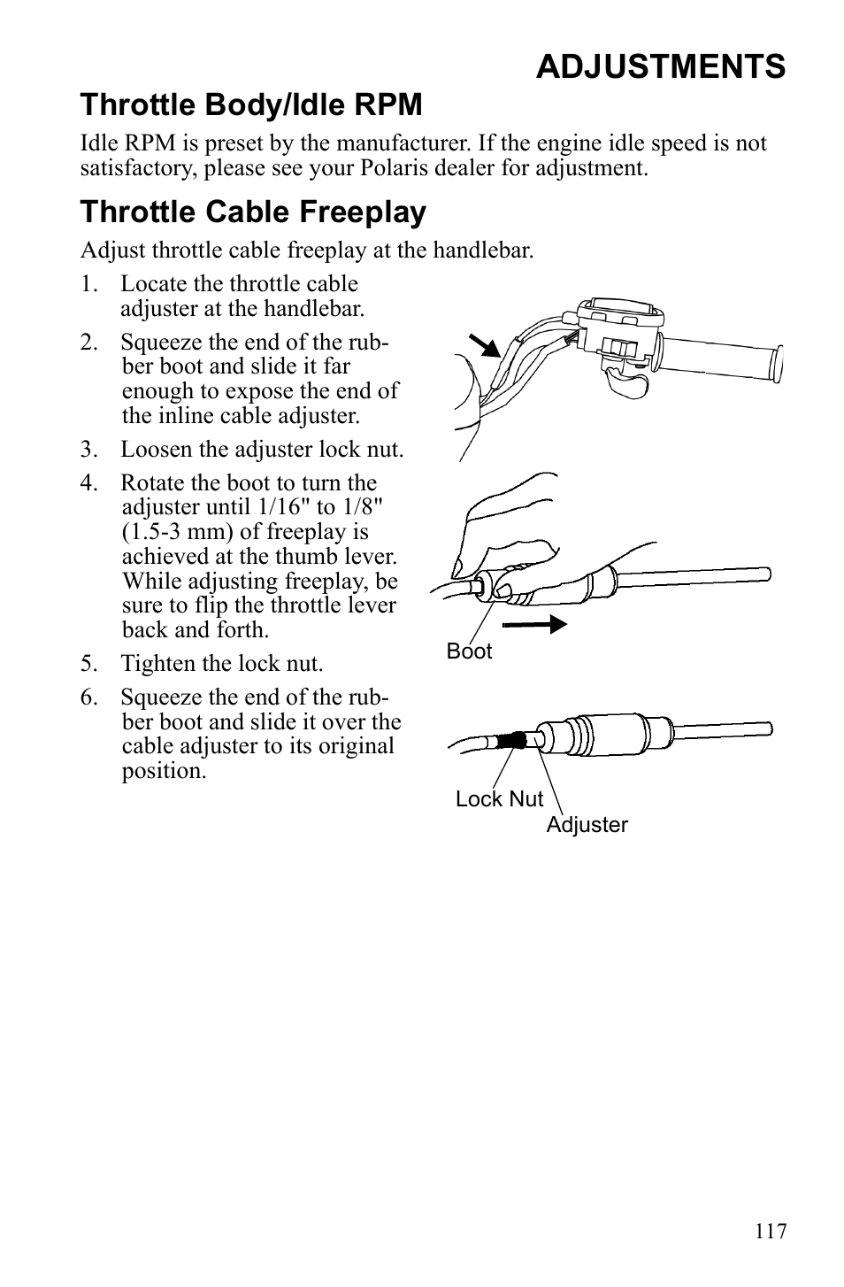 Adjustments, Throttle body/idle rpm, Throttle cable freeplay | Polaris Sportsman 9922233 User Manual | Page 121 / 143