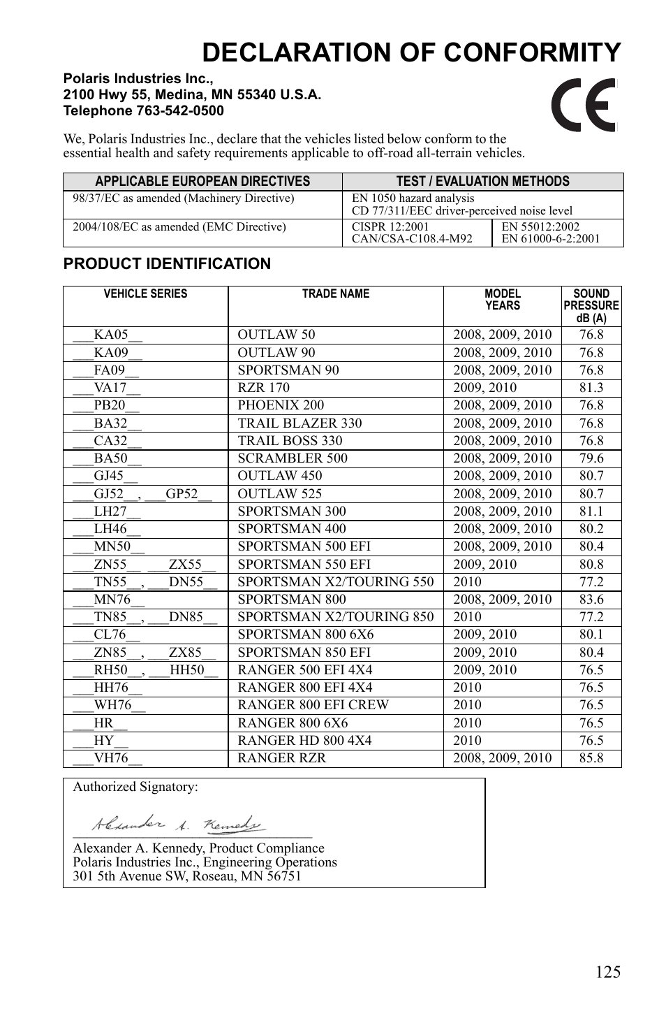 Declaration of conformity | Polaris Sportsman 9922233 User Manual | Page 129 / 143