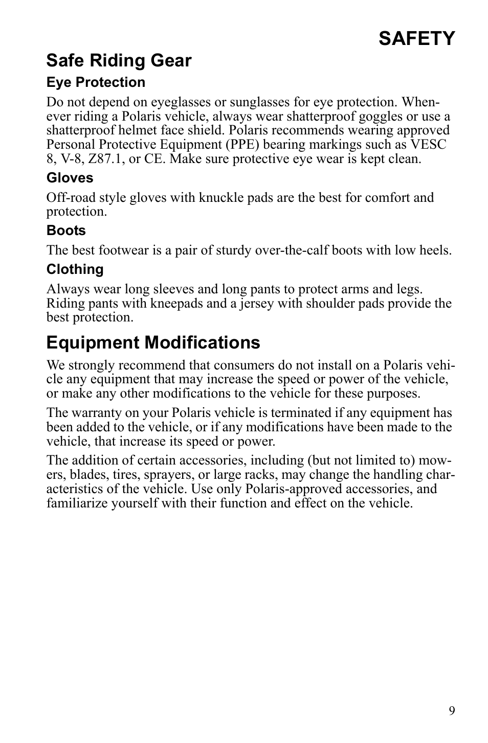 Safety, Safe riding gear, Equipment modifications | Polaris Sportsman 9922233 User Manual | Page 13 / 143