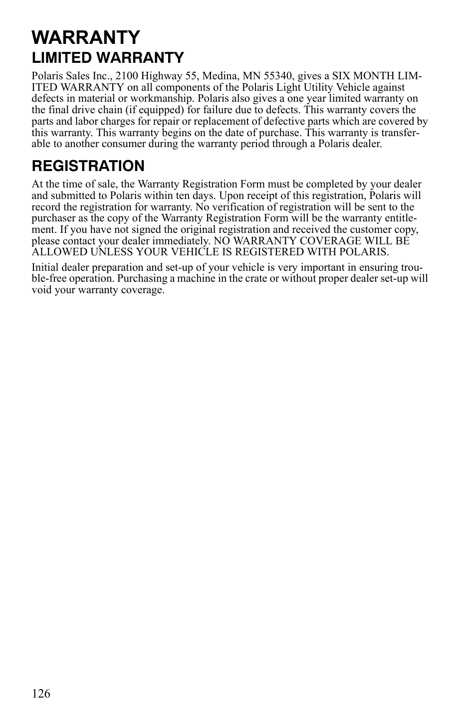 Warranty, Limited warranty, Registration | Polaris Sportsman 9922233 User Manual | Page 130 / 143