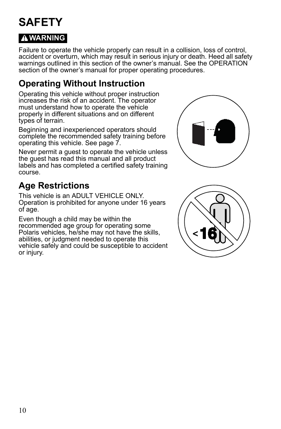 Safety, Operating without instruction, Age restrictions | Polaris Sportsman 9922233 User Manual | Page 14 / 143