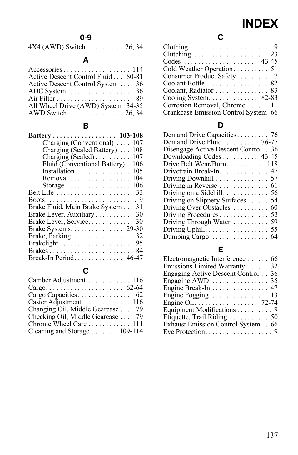 Index | Polaris Sportsman 9922233 User Manual | Page 141 / 143