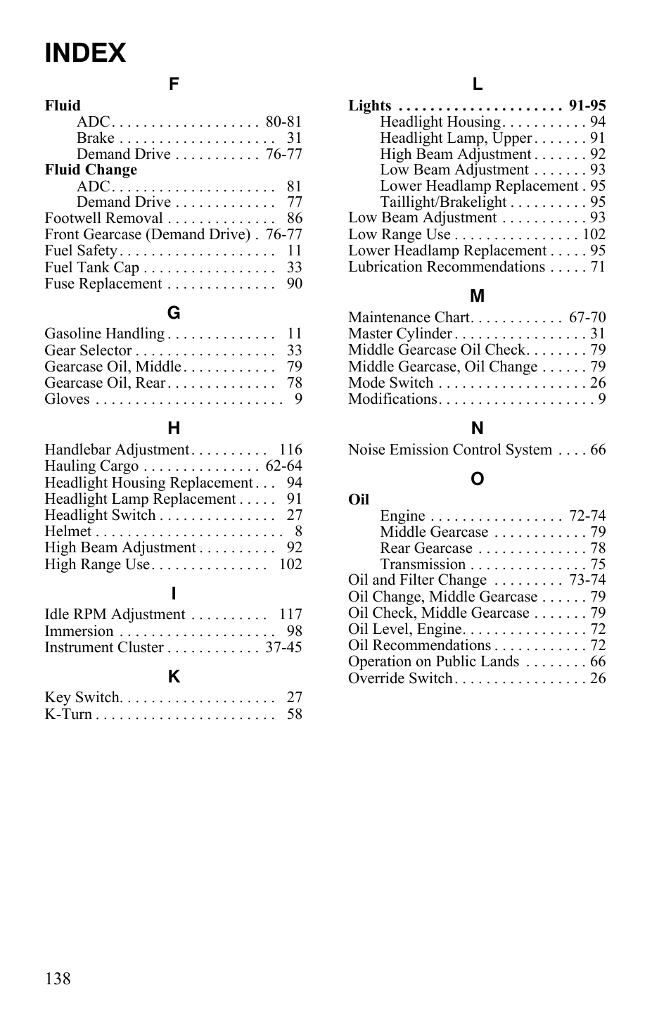 Index | Polaris Sportsman 9922233 User Manual | Page 142 / 143