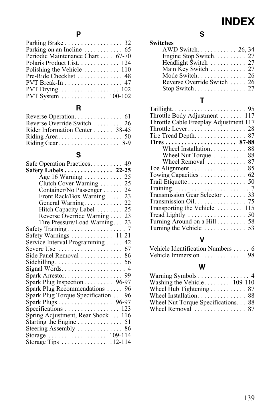 Index | Polaris Sportsman 9922233 User Manual | Page 143 / 143